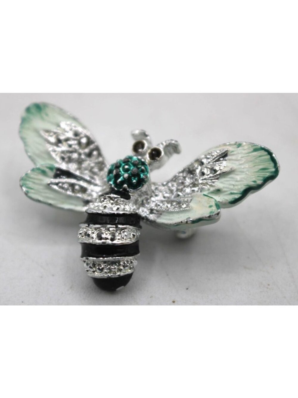 Enamel Bee Brooch Pin Rhinestones Crystals Silvertone Green Wings Figural Vtg